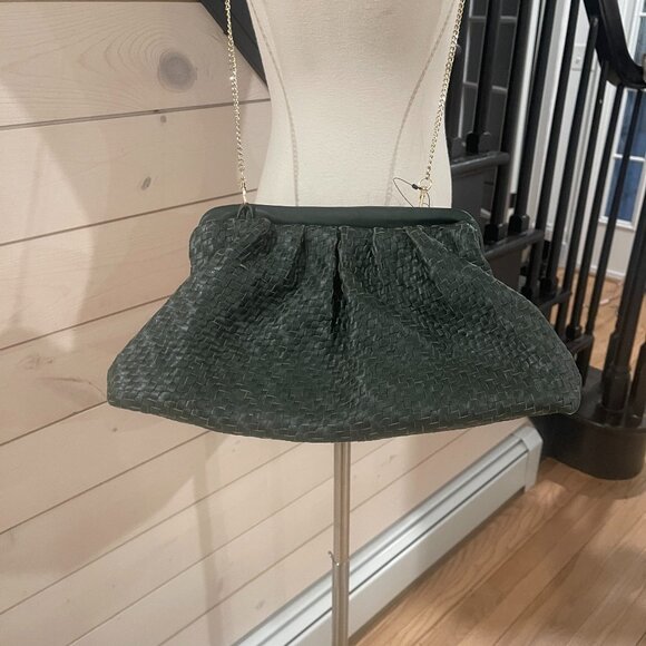 031 Anthropologie Woven Leather Clutch Dark with Chain NWT Emerald Green Leather - Picture 3 of 10